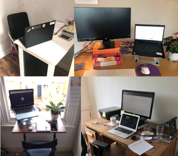 A collage of remote working desks from four NHSX colleagues.