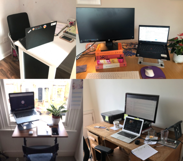 A collage of remote working desks from four NHSX colleagues.